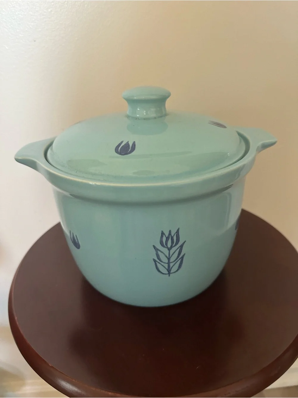 Ceramic Covered Casserole Bean Pot in Aqua with Blue Floral Motif Cronin